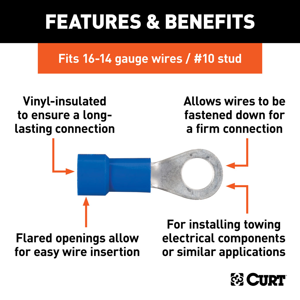 CURT Ring Terminals (16-14 Wire Gauge, #10 Stud Size, 100-Pack) #59521