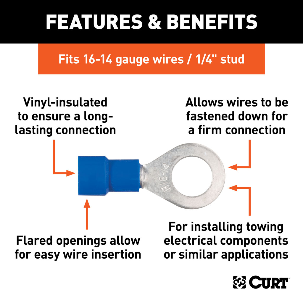 CURT Ring Terminals (16-14 Wire Gauge, 1/4" Stud Size, 100-Pack) #59522