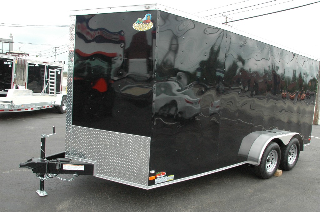 Enclosed Cargo Trailer 7x16+2'V BLACK RAMP Covered Wagon