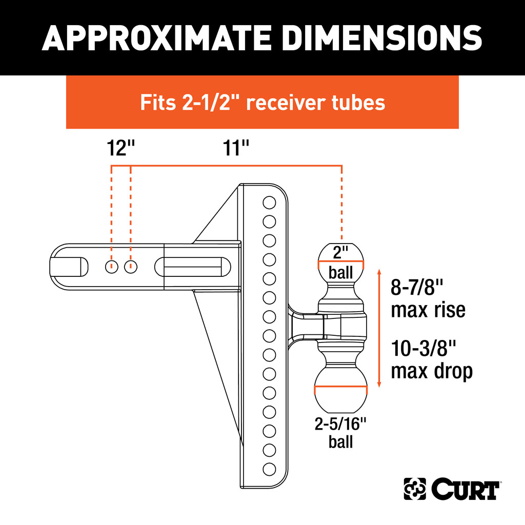 CURT Adjustable Channel Mount, Dual Ball (2-1/2" Shank, 20,000 lbs., 10-3/8" Drop) #45927