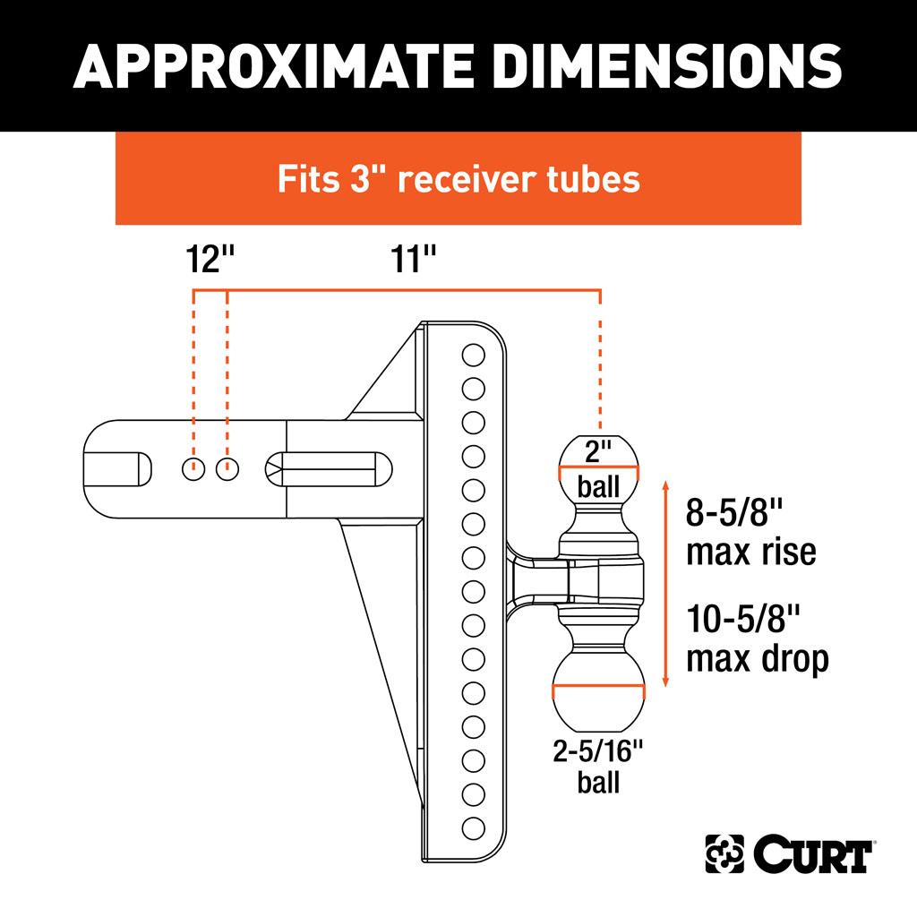 CURT Adjustable Channel Mount with Dual Ball (3" Shank, 21,000 lbs., 10-5/8" Drop) #45928