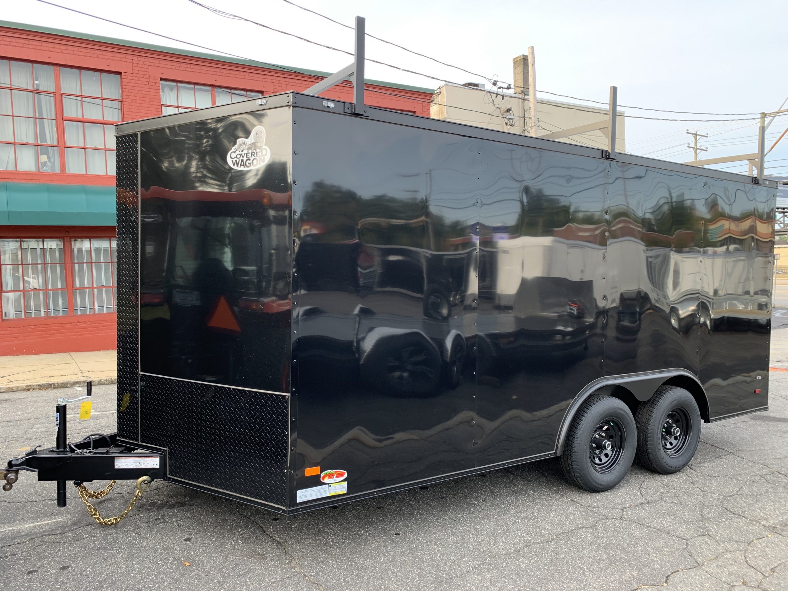 Enclosed Car Hauler Trailer 8.5'x16'+2'V Black Black Out Covered Wagon With Ladder Racks