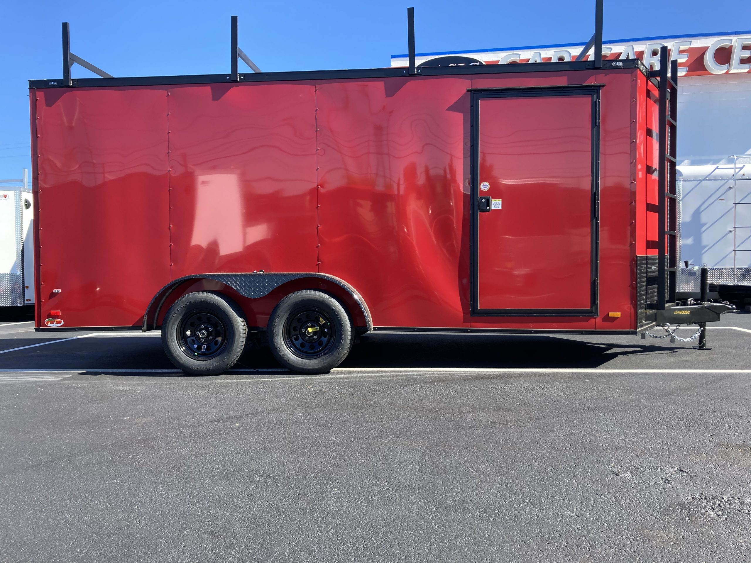 Enclosed Contractor Trailer 7'x16' Red Ramp Door V-Nose Covered Wagon