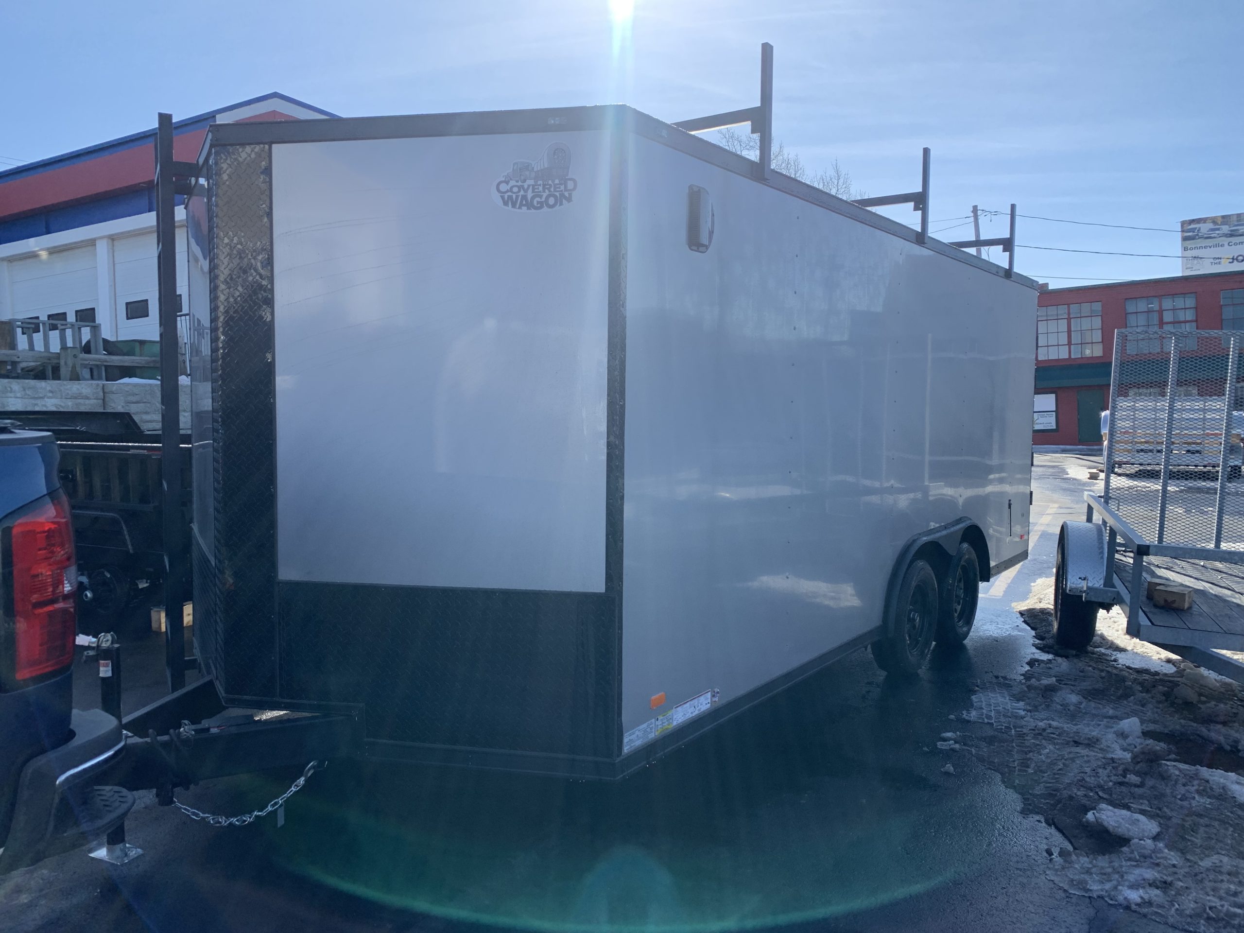 Enclosed Cargo Trailer 8.5'x18'+2'V Silver Black-Out  Covered Wagon