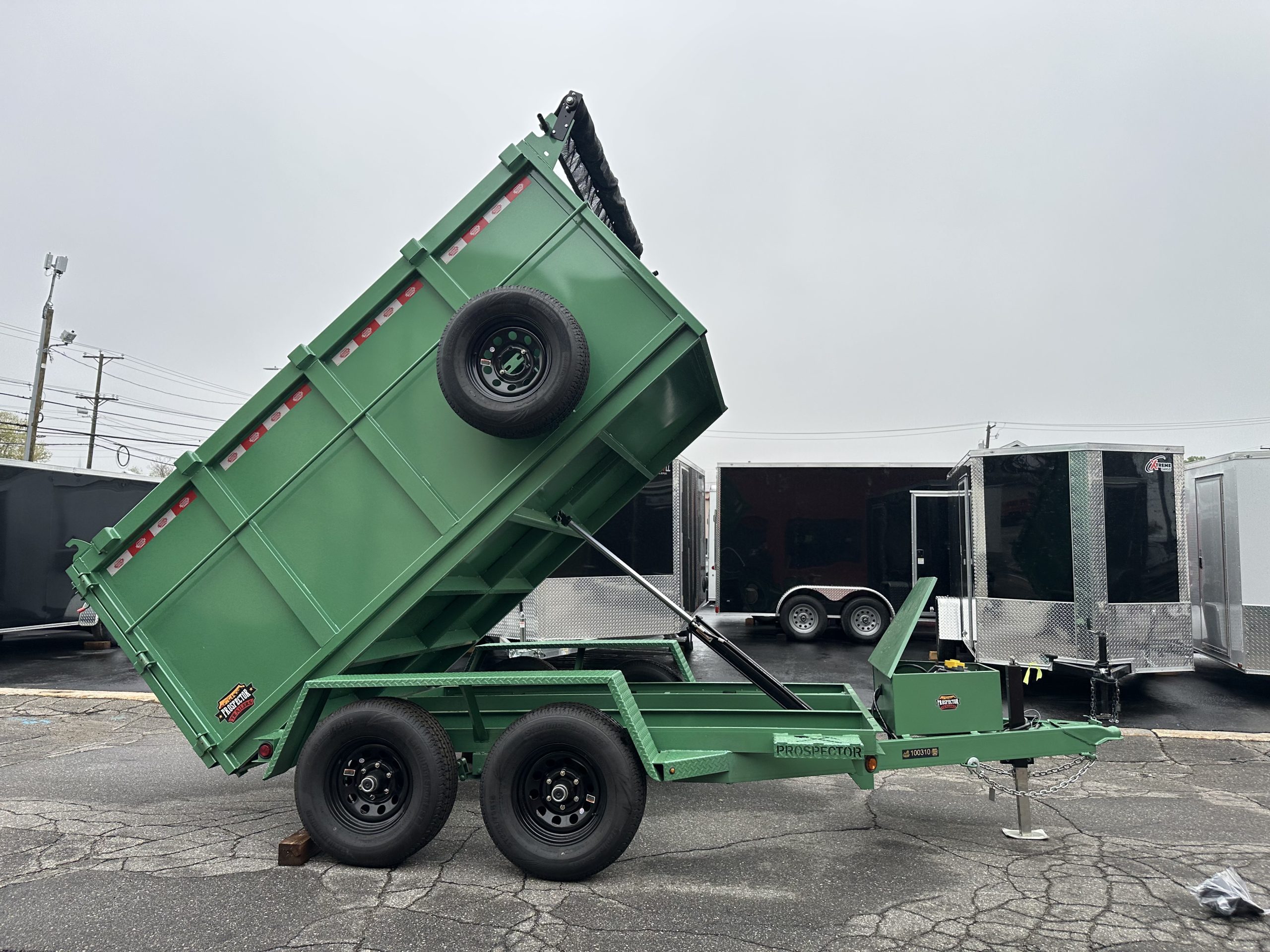 Dump Trailer 6'x10' Green Covered Wagon - 48" High Sides - 10K GVWR w/ Tarp and Spare Tire + Mount